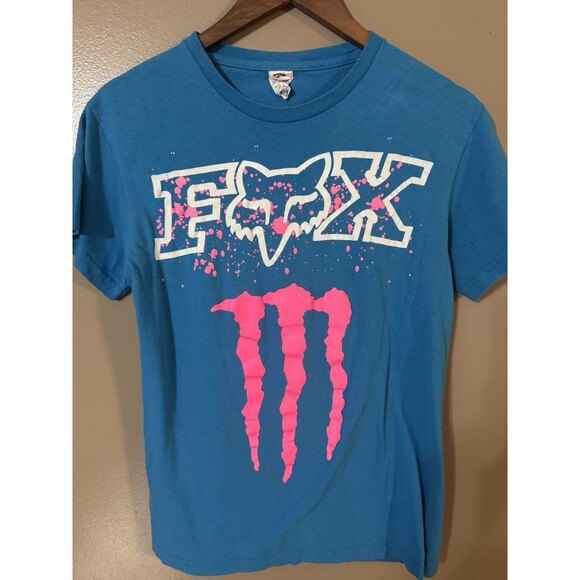 Fox Racing Monster Energy Vintage Y2K Blue And Pink Graphic Tee Shirt Size Small - Picture 1 of 4